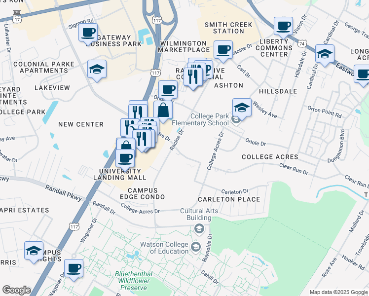 map of restaurants, bars, coffee shops, grocery stores, and more near 5359 New Centre Drive in Wilmington