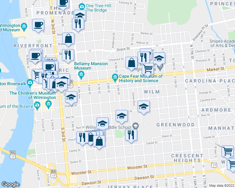 map of restaurants, bars, coffee shops, grocery stores, and more near 110 South 9th Street in Wilmington