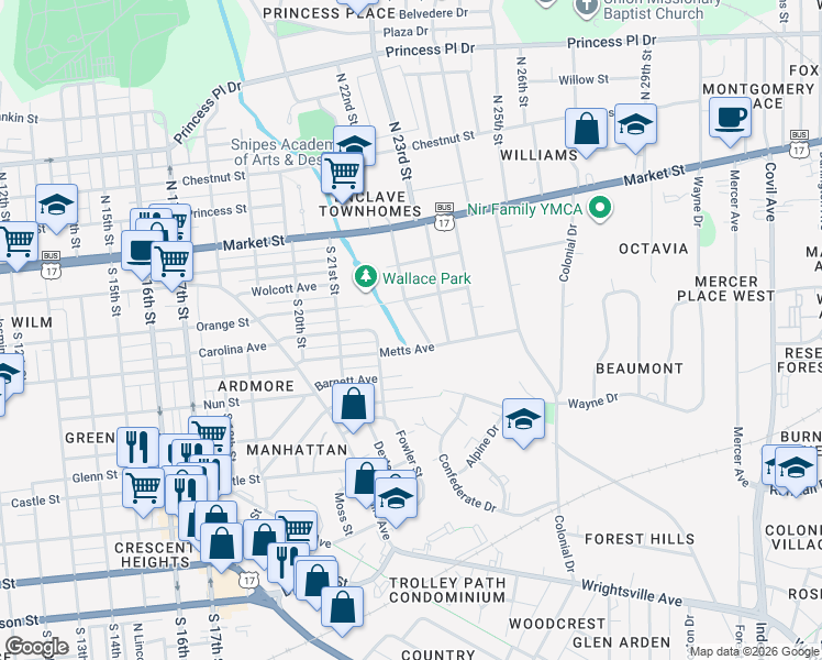 map of restaurants, bars, coffee shops, grocery stores, and more near 210-212 Borden Avenue in Wilmington