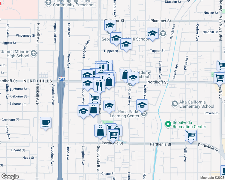 map of restaurants, bars, coffee shops, grocery stores, and more near 9029 Columbus Avenue in Los Angeles