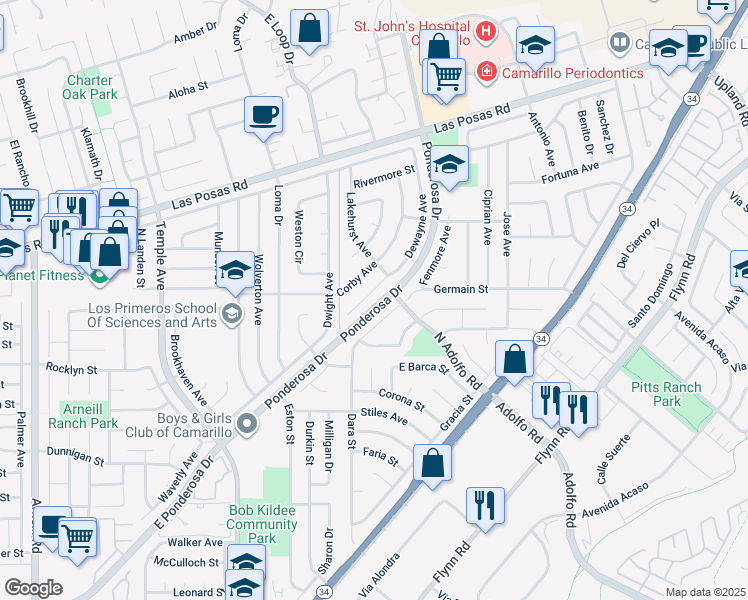 map of restaurants, bars, coffee shops, grocery stores, and more near 1652 Dewayne Avenue in Camarillo