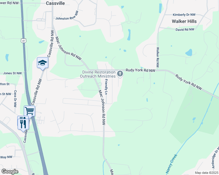 map of restaurants, bars, coffee shops, grocery stores, and more near 13 Friendly Lane in Cartersville