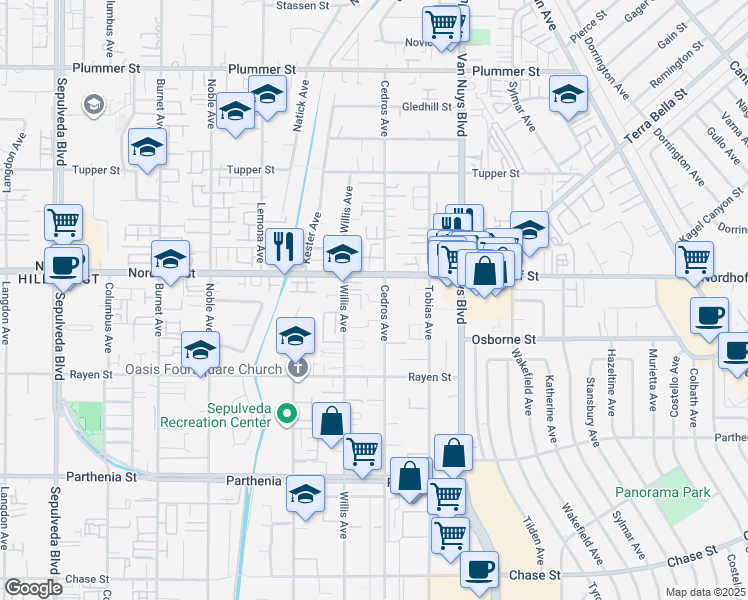 map of restaurants, bars, coffee shops, grocery stores, and more near 9051 Cedros Avenue in Los Angeles