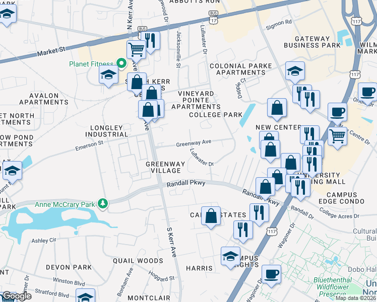 map of restaurants, bars, coffee shops, grocery stores, and more near 366 Lullwater Drive in Wilmington
