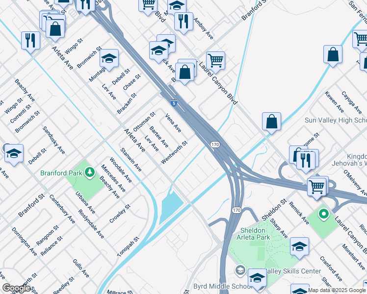 map of restaurants, bars, coffee shops, grocery stores, and more near 12944 Wentworth Street in Los Angeles