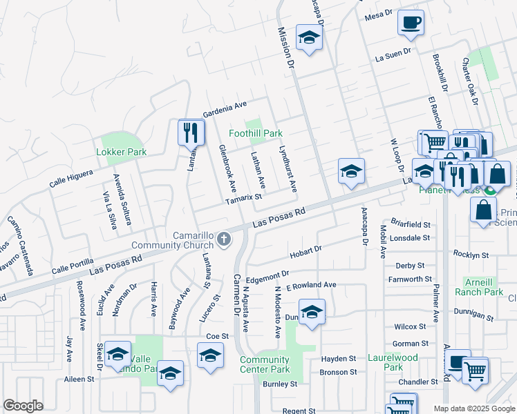 map of restaurants, bars, coffee shops, grocery stores, and more near 1519 Lyndhurst Avenue in Camarillo