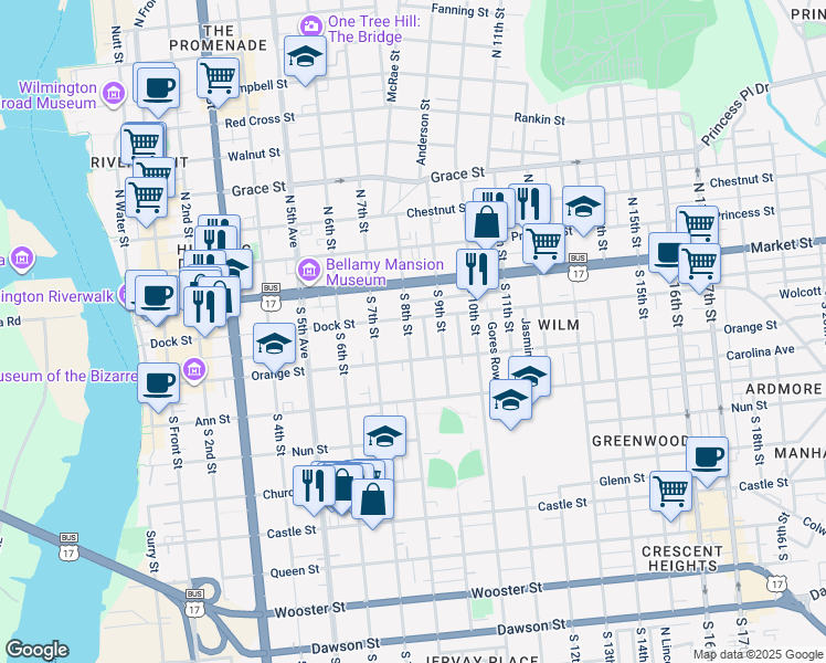 map of restaurants, bars, coffee shops, grocery stores, and more near 107 S 8th St in Wilmington