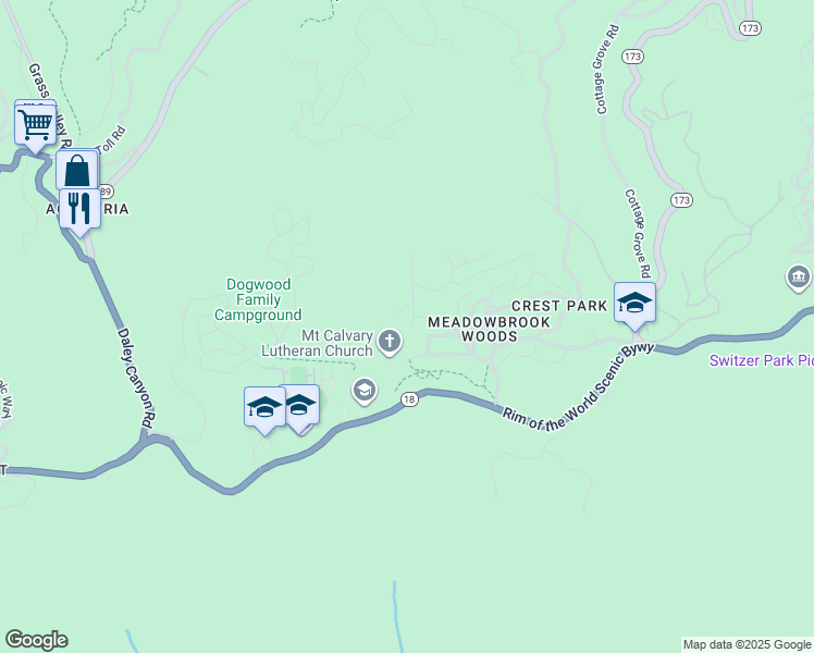 map of restaurants, bars, coffee shops, grocery stores, and more near 1006 Meadow Brook Road in Lake Arrowhead