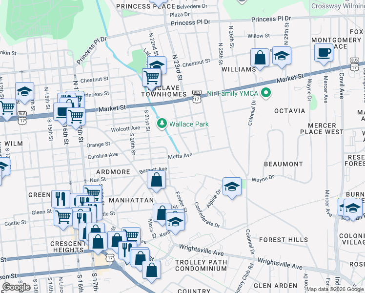 map of restaurants, bars, coffee shops, grocery stores, and more near 214 Borden Avenue in Wilmington