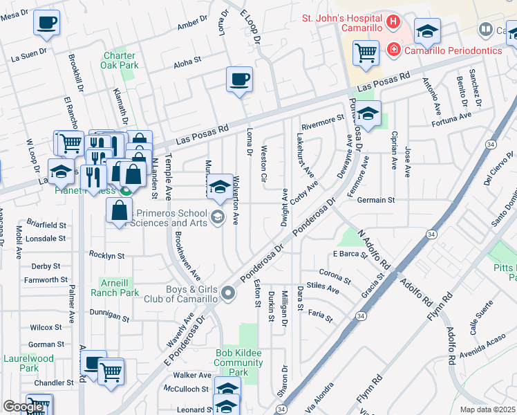 map of restaurants, bars, coffee shops, grocery stores, and more near 3130 Corby Avenue in Camarillo