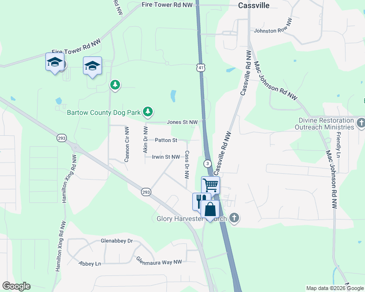 map of restaurants, bars, coffee shops, grocery stores, and more near 65 Cass Drive Northwest in Cartersville