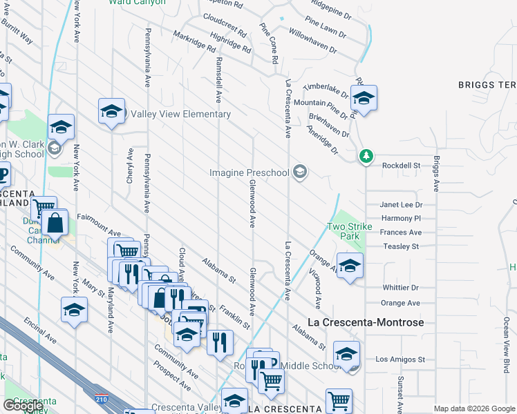 map of restaurants, bars, coffee shops, grocery stores, and more near 2851 Orange Avenue in La Crescenta-Montrose