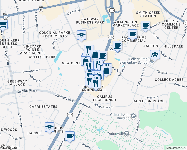 map of restaurants, bars, coffee shops, grocery stores, and more near 415 South College Road in Wilmington