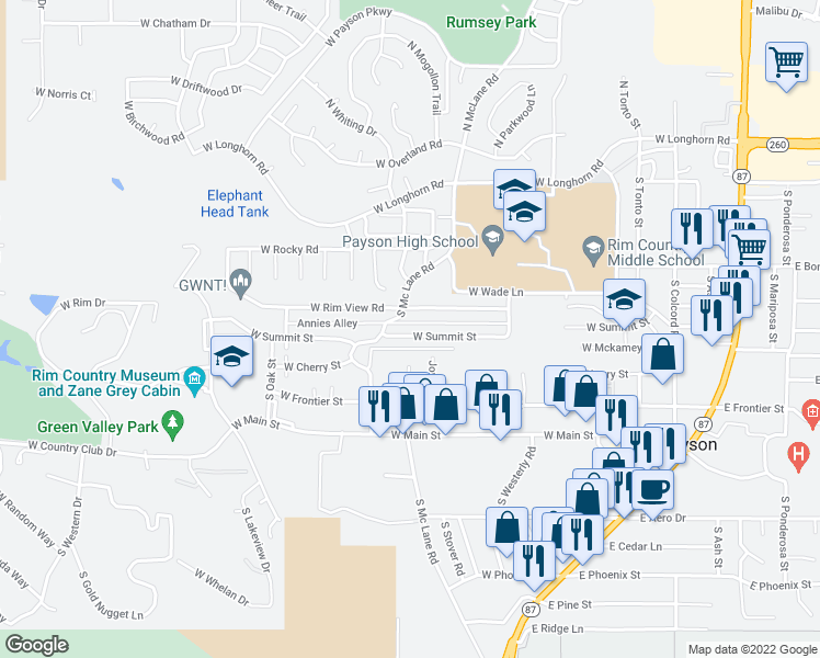 map of restaurants, bars, coffee shops, grocery stores, and more near 714 West Summit Street in Payson
