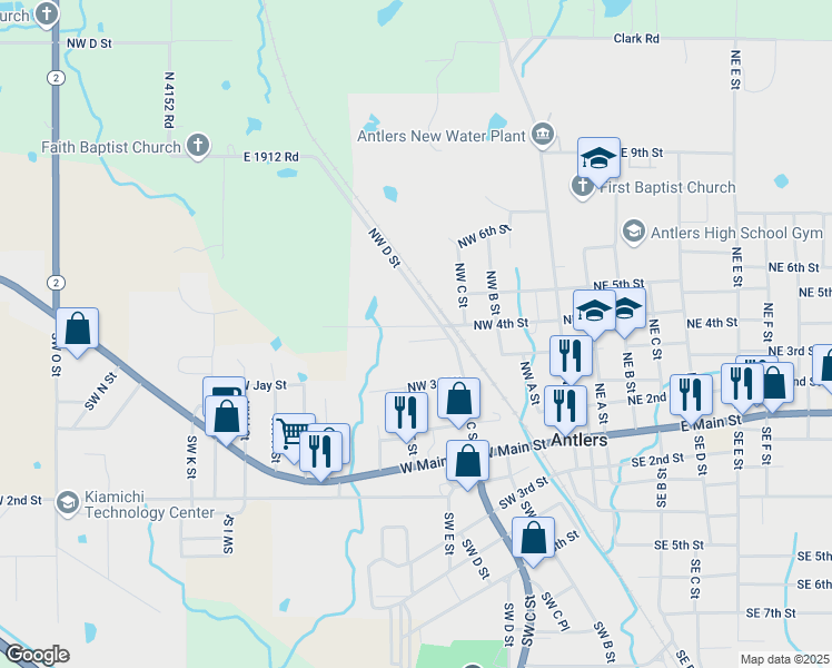 map of restaurants, bars, coffee shops, grocery stores, and more near 312 Northwest 3rd Place in Antlers