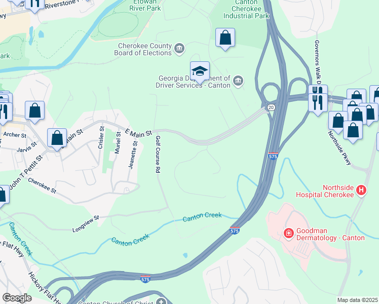 map of restaurants, bars, coffee shops, grocery stores, and more near 108 Breeze Hill Lane in Canton