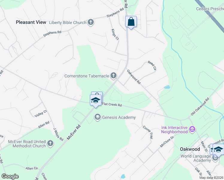 map of restaurants, bars, coffee shops, grocery stores, and more near 5025 McEver Road in Oakwood