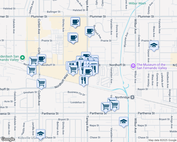 map of restaurants, bars, coffee shops, grocery stores, and more near 9058 Tampa Avenue in Los Angeles