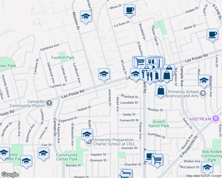 map of restaurants, bars, coffee shops, grocery stores, and more near 1678 Anacapa Drive in Camarillo