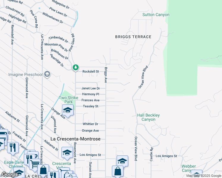 map of restaurants, bars, coffee shops, grocery stores, and more near 2345 Janet Lee Drive in La Crescenta-Montrose