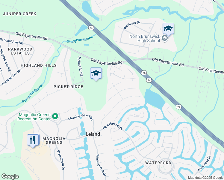 map of restaurants, bars, coffee shops, grocery stores, and more near 3104 Woodbend Court in Leland