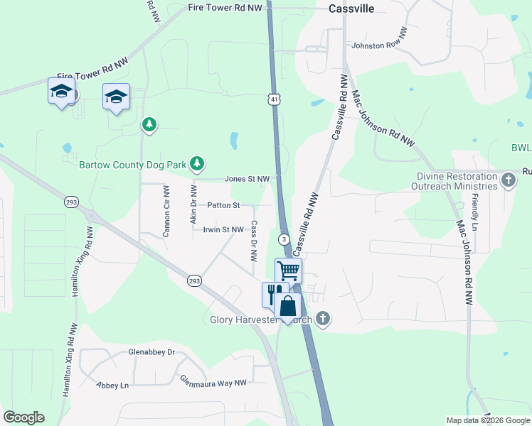 map of restaurants, bars, coffee shops, grocery stores, and more near 65 Cass Drive Northwest in Cartersville