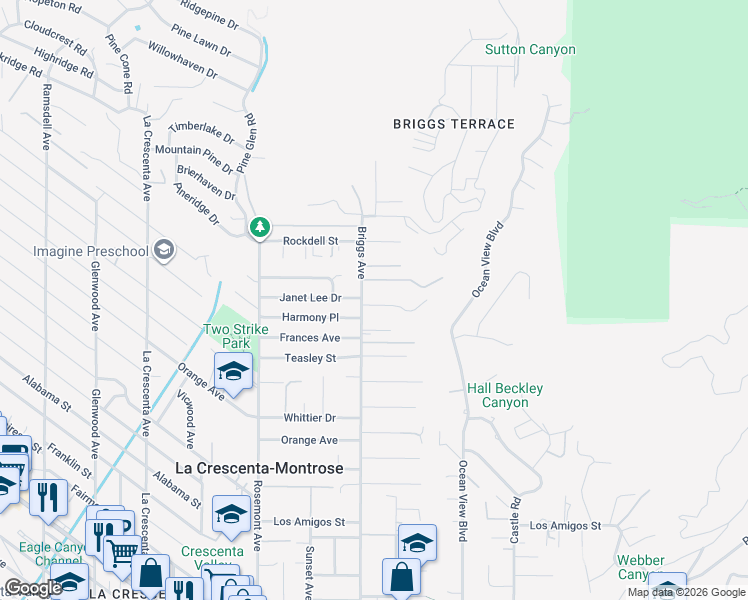 map of restaurants, bars, coffee shops, grocery stores, and more near 2351 Janet Lee Drive in La Crescenta-Montrose