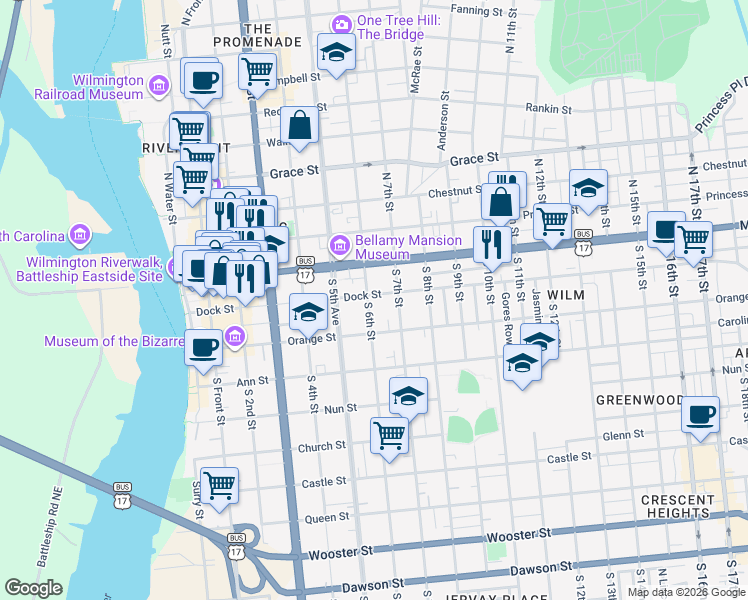 map of restaurants, bars, coffee shops, grocery stores, and more near 604 Dock Street in Wilmington
