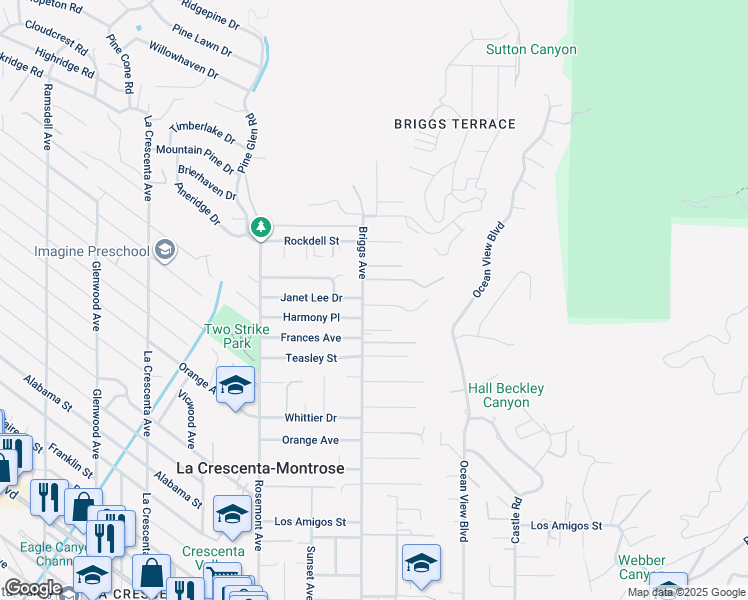 map of restaurants, bars, coffee shops, grocery stores, and more near 2345 Janet Lee Drive in La Crescenta-Montrose