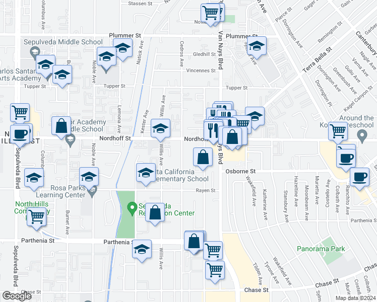 map of restaurants, bars, coffee shops, grocery stores, and more near 9052 Cedros Avenue in Los Angeles