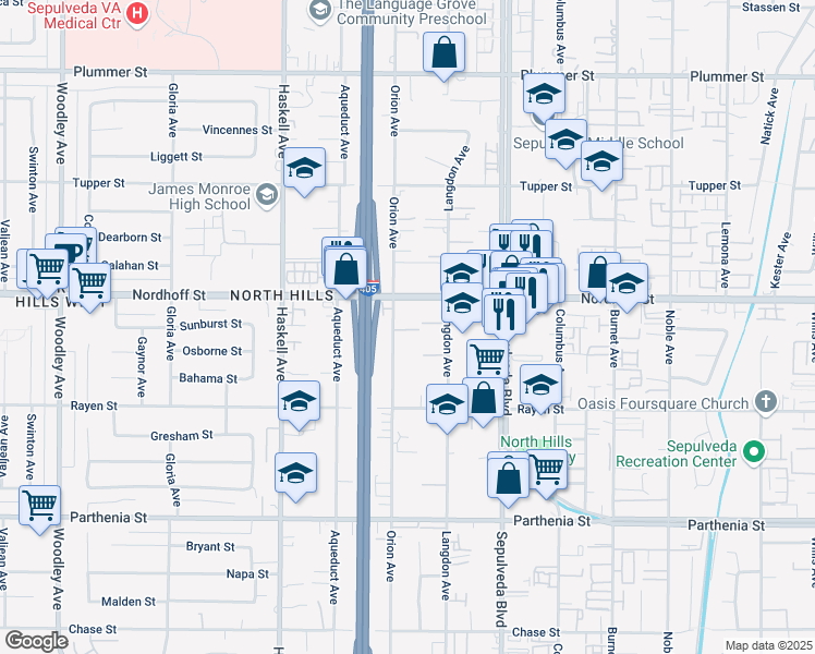 map of restaurants, bars, coffee shops, grocery stores, and more near 9034 Orion Avenue in Los Angeles