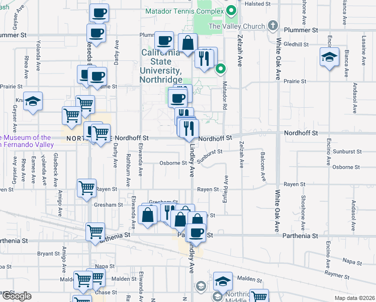 map of restaurants, bars, coffee shops, grocery stores, and more near 9028 Lindley Avenue in Los Angeles