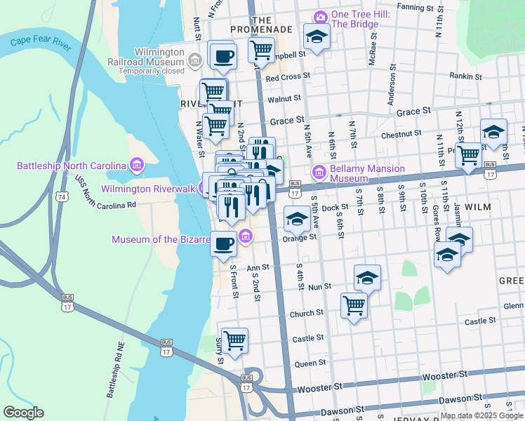 map of restaurants, bars, coffee shops, grocery stores, and more near in Wilmington