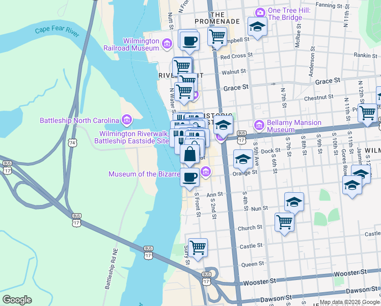 map of restaurants, bars, coffee shops, grocery stores, and more near 22 South Front Street in Wilmington