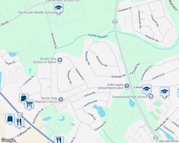 map of restaurants, bars, coffee shops, grocery stores, and more near 124 Rutledge Road in Greenwood