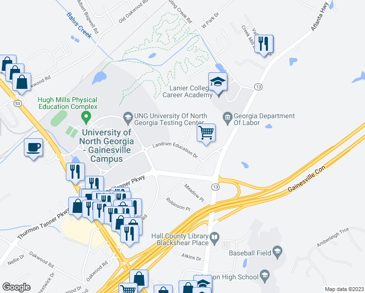 map of restaurants, bars, coffee shops, grocery stores, and more near 2920 Landrum Education Drive in Oakwood