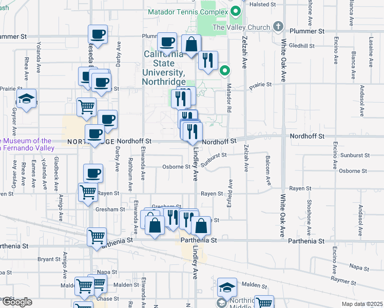 map of restaurants, bars, coffee shops, grocery stores, and more near 9028 Lindley Avenue in Los Angeles