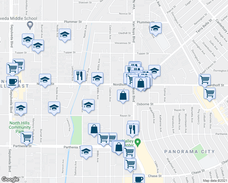 map of restaurants, bars, coffee shops, grocery stores, and more near 9052 Cedros Avenue in Panorama City