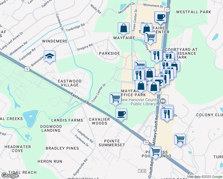 map of restaurants, bars, coffee shops, grocery stores, and more near 1434 Parkview Circle in Wilmington