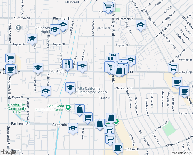 map of restaurants, bars, coffee shops, grocery stores, and more near 9052 Cedros Avenue in Los Angeles