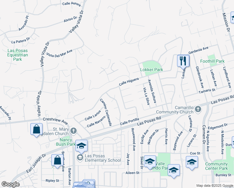 map of restaurants, bars, coffee shops, grocery stores, and more near 1596 North Calle La Cumbre in Camarillo
