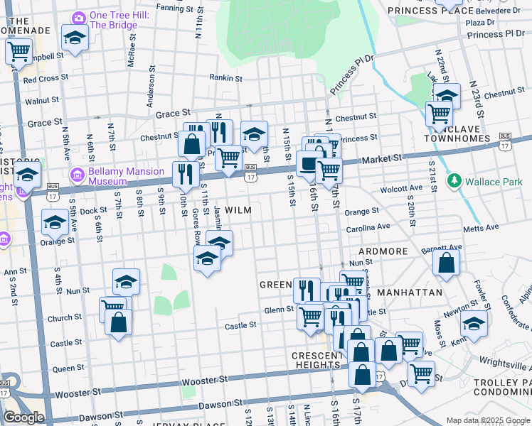 map of restaurants, bars, coffee shops, grocery stores, and more near 130 South 14th Street in Wilmington