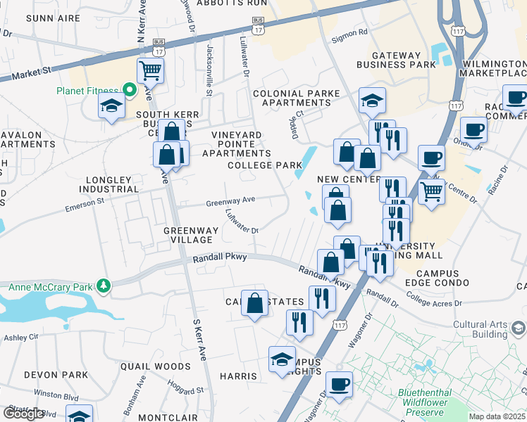 map of restaurants, bars, coffee shops, grocery stores, and more near 306 Red Bud Circle in Wilmington