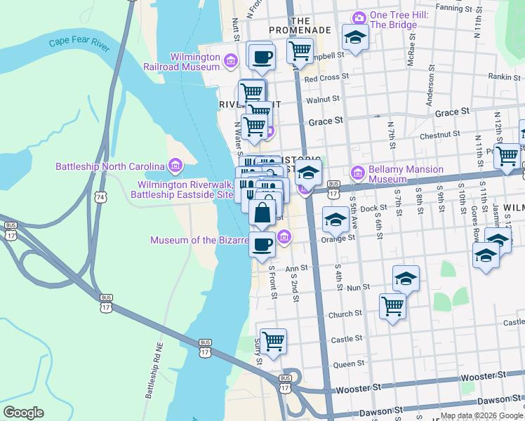 map of restaurants, bars, coffee shops, grocery stores, and more near 22 South Front Street in Wilmington