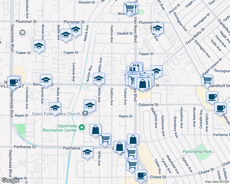 map of restaurants, bars, coffee shops, grocery stores, and more near 9052 Cedros Avenue in Los Angeles