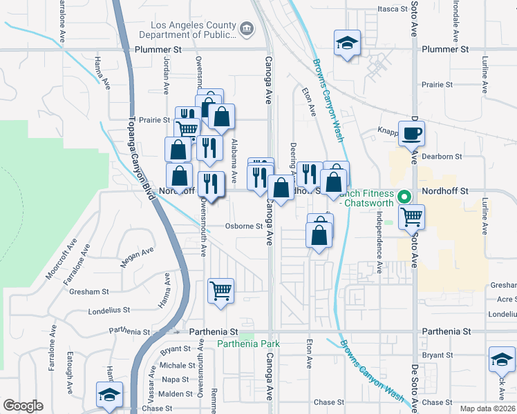 map of restaurants, bars, coffee shops, grocery stores, and more near 21514 Nordhoff Street in Los Angeles