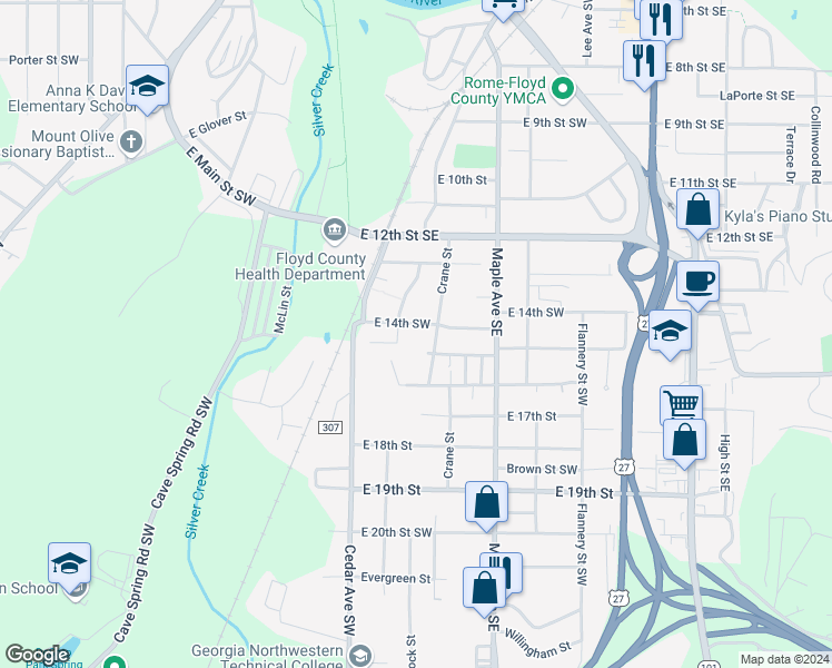 map of restaurants, bars, coffee shops, grocery stores, and more near 1400 Crane Street in Rome