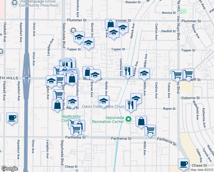 map of restaurants, bars, coffee shops, grocery stores, and more near 9038 Noble Avenue in Los Angeles