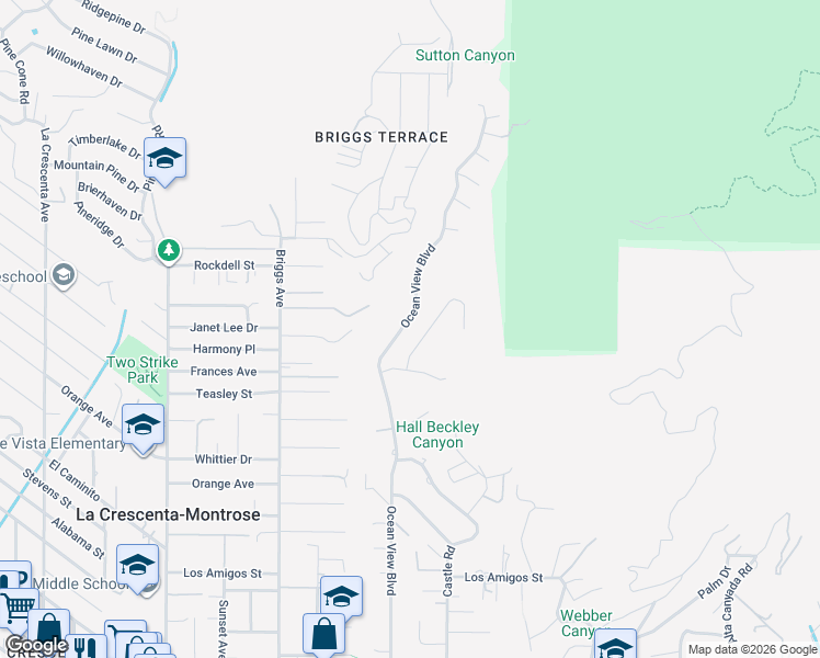 map of restaurants, bars, coffee shops, grocery stores, and more near 5444 Ocean View Boulevard in La Cañada Flintridge