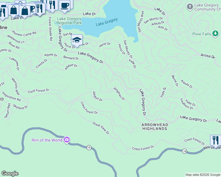map of restaurants, bars, coffee shops, grocery stores, and more near 1019 Jungfrau Drive in Crestline